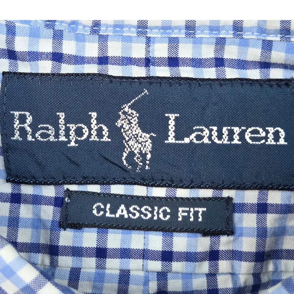 Ralph Lauren Button Down Shirt Mens L Classic Fit Gingham Check Blue and White
